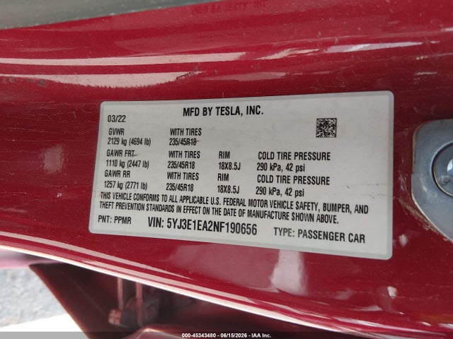 Aukcja sprzedaży 2022 Tesla Model 3 Rear-wheel Drive, vin: 5YJ3E1EA2NF190656, numer aukcji: 45343480