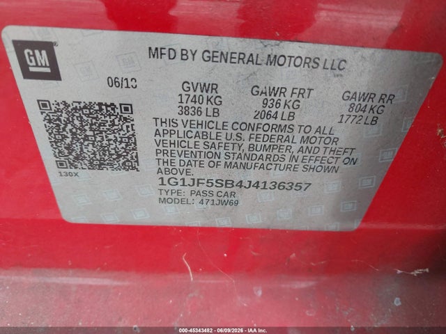 45343482 :رقم المزاد ، 1G1JF5SB4J4136357 vin ، 2018 Chevrolet Sonic Premier Auto مزاد بيع