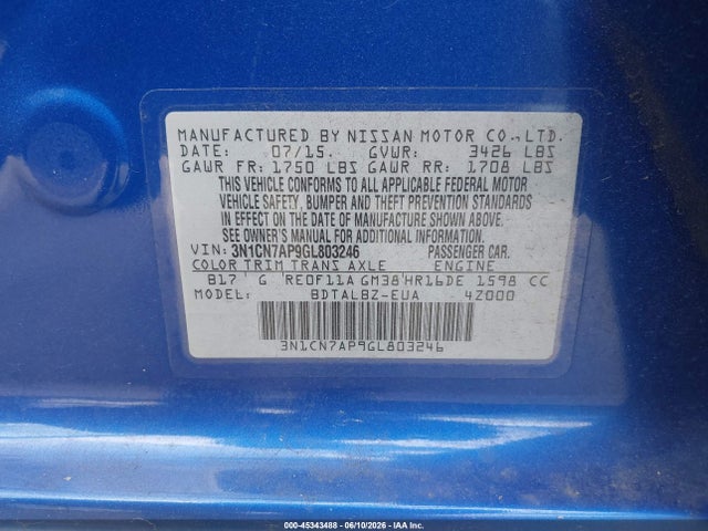 3N1CN7AP9GL803246 Nissan Versa 1.6 S/1.6 S+/1.6 Sl/1.6 Sv