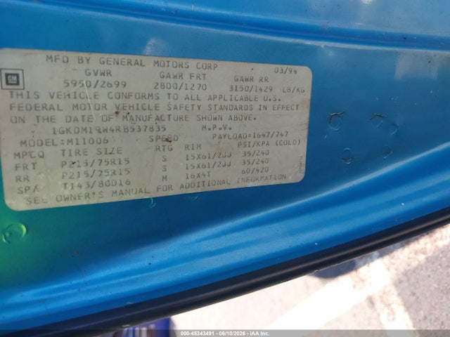 45343491 :رقم المزاد ، 1GKDM19W4RB537835 vin ، 1994 Gmc Safari Xt مزاد بيع