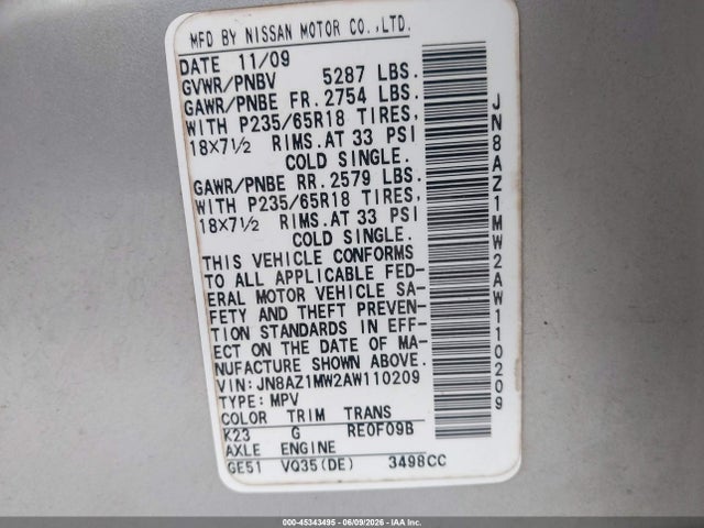2010 Nissan Murano Sl მანქანა იყიდება აუქციონზე, vin: JN8AZ1MW2AW110209, აუქციონის ნომერი: 45343495