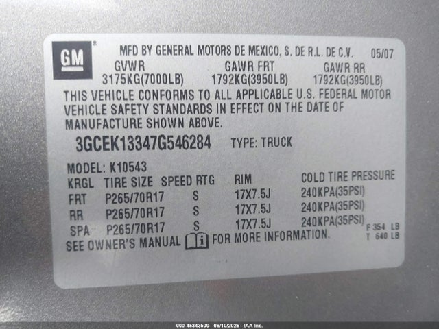 Продажа на аукционе авто 2007 Chevrolet Silverado 1500 Lt1, vin: 3GCEK13347G546284, номер лота: 45343500