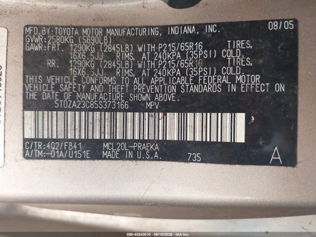 Aukcja sprzedaży 2005 Toyota Sienna Le, vin: 5TDZA23C85S373166, numer aukcji: 45343510