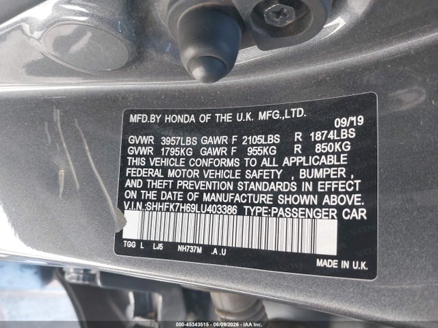 Aukcja sprzedaży 2020 Honda Civic Ex, vin: SHHFK7H69LU403386, numer aukcji: 45343515
