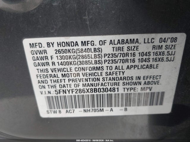 Продажа на аукционе авто 2008 Honda Pilot Ex-l, vin: 5FNYF286X8B030481, номер лота: 45343518