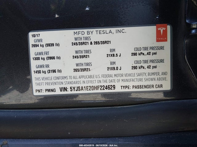 Tesla Model S 100d/60d/75d/90d/p100d 2017 5YJSA1E20HF224629 Image 9