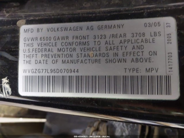 45343521 :رقم المزاد ، WVGZG77L95D070944 vin ، 2005 Volkswagen Touareg V6/v6 (a6) مزاد بيع