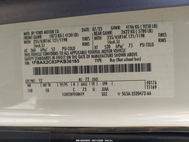 45343522 :رقم المزاد ، 1FBAX2C83PKB36185 vin ، 2023 Ford Transit-350 Passenger Van Xlt مزاد بيع