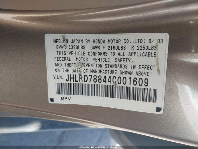 Продажа на аукционе авто 2004 Honda Cr-v Ex, vin: JHLRD78844C001609, номер лота: 45343549
