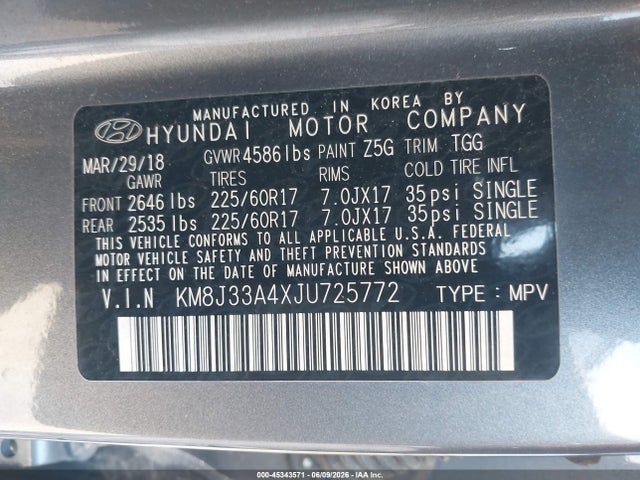 Aukcja sprzedaży 2018 Hyundai Tucson Sel, vin: KM8J33A4XJU725772, numer aukcji: 45343571