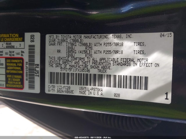 5TFEY5F11FX185106 Toyota Tundra Sr5 5.7l V8