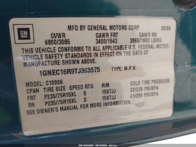 Продаж на аукціоні авто 1996 Chevrolet Suburban C1500, vin: 1GNEC16R9TJ393575, номер лоту: 45343580