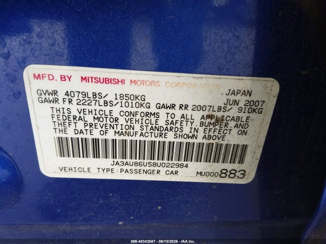 45343587 :رقم المزاد ، JA3AU86U58U022984 vin ، 2008 Mitsubishi Lancer Gts مزاد بيع