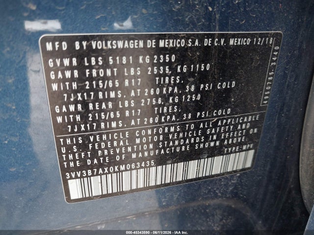 2019 Volkswagen Tiguan 2.0t Se/2.0t Sel/2.0t Sel R-line/2.0t Sel R-line Black მანქანა იყიდება აუქციონზე, vin: 3VV3B7AX0KM063435, აუქციონის ნომერი: 45343590
