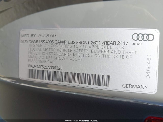 45343623 :رقم المزاد ، WAUP4AF52LA006325 vin ، 2020 Audi S5 Premium Plus Tfsi Quattro Tiptronic مزاد بيع