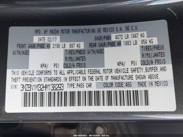 Aukcja sprzedaży 2017 Mazda Mazda3 Grand Touring, vin: 3MZBN1M32HM138293, numer aukcji: 45343631