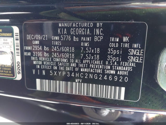 Aukcja sprzedaży 2022 Kia Telluride Ex, vin: 5XYP34HC2NG246920, numer aukcji: 45343633