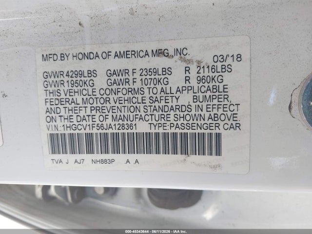 1HGCV1F56JA128361 Honda Accord Ex-l