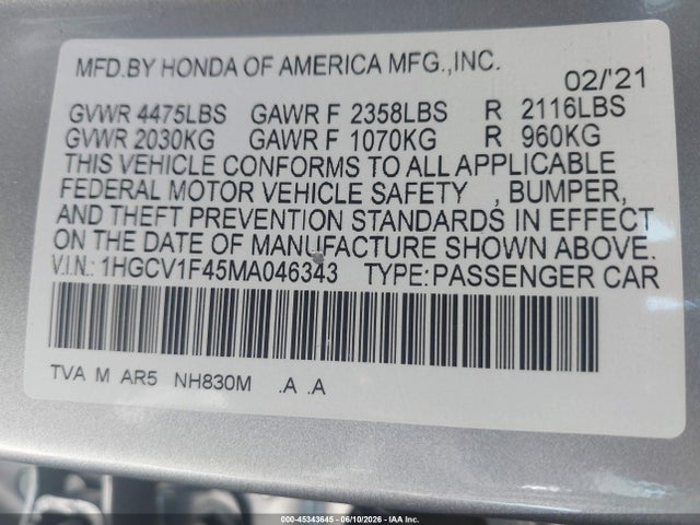 1HGCV1F45MA046343 Honda Accord Sport Special Edition