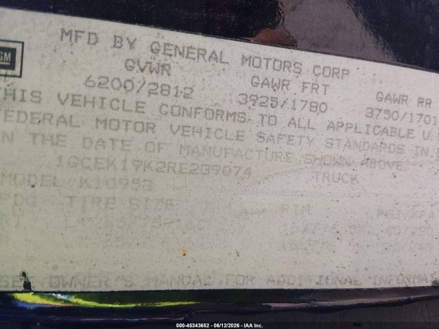 45343652 :رقم المزاد ، 1GCEK19K2RE239074 vin ، 1994 Chevrolet Gmt-400 K1500 مزاد بيع