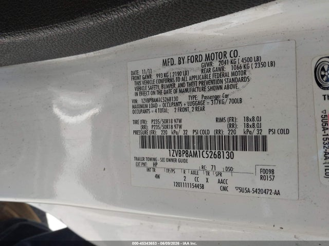 Продажа на аукционе авто 2012 Ford Mustang V6 Premium, vin: 1ZVBP8AM1C5268130, номер лота: 45343653