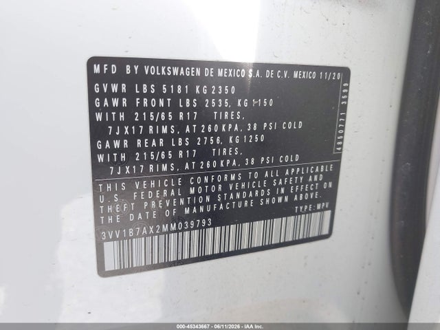 3VV1B7AX2MM039793 Volkswagen Tiguan 2.0t S