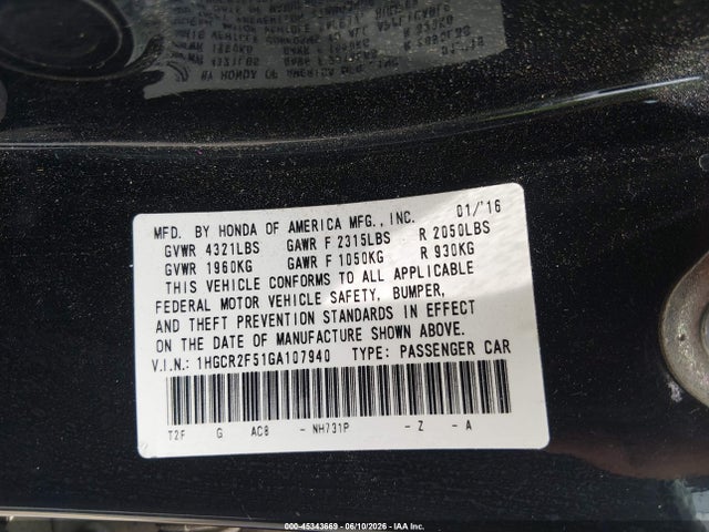 Aukcja sprzedaży 2016 Honda Accord Sport, vin: 1HGCR2F51GA107940, numer aukcji: 45343669
