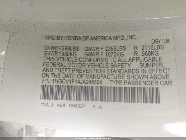 Honda ACCORD LX 2018 1HGCV1F14JA246504 Image 9