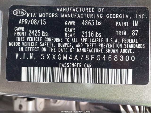 Продаж на аукціоні авто 2015 Kia Optima Lx, vin: 5XXGM4A78FG468300, номер лоту: 45343685
