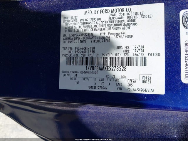 45343696 :رقم المزاد ، 1ZVBP8AMXE5278528 vin ، 2014 Ford Mustang V6 مزاد بيع