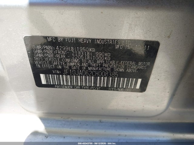 Продаж на аукціоні авто 2012 Subaru Impreza 2.0i Premium, vin: JF1GJAD62CH008385, номер лоту: 45343705