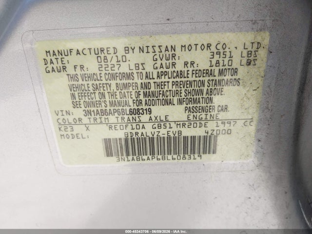 Aukcja sprzedaży 2011 Nissan Sentra 2.0sl, vin: 3N1AB6AP6BL608319, numer aukcji: 45343706