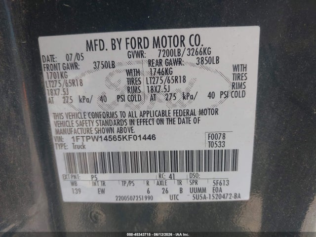 Aukcja sprzedaży 2005 Ford F-150 Fx4/lariat/xlt, vin: 1FTPW14565KF01446, numer aukcji: 45343715