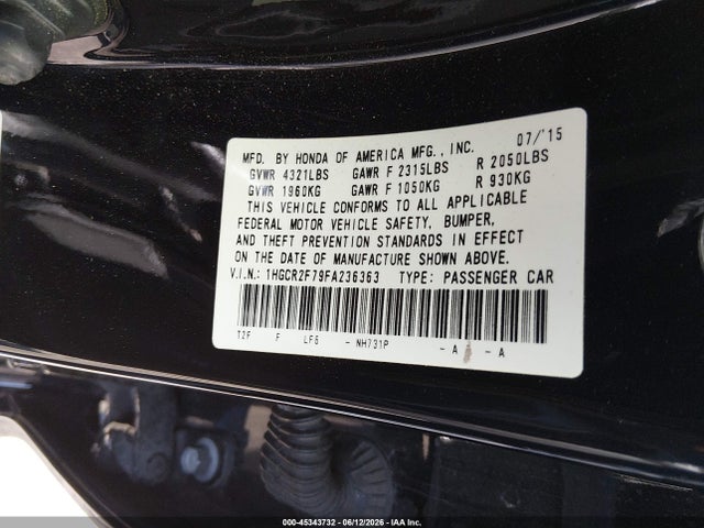 Honda ACCORD EX 2015 1HGCR2F79FA236363 Image 9