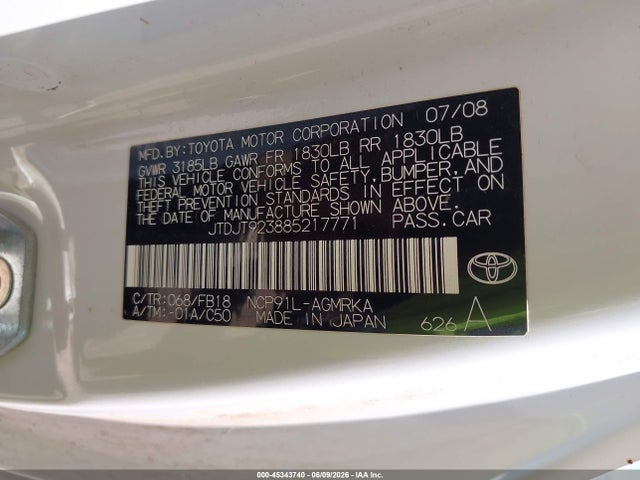 Aukcja sprzedaży 2008 Toyota Yaris, vin: JTDJT923885217771, numer aukcji: 45343740