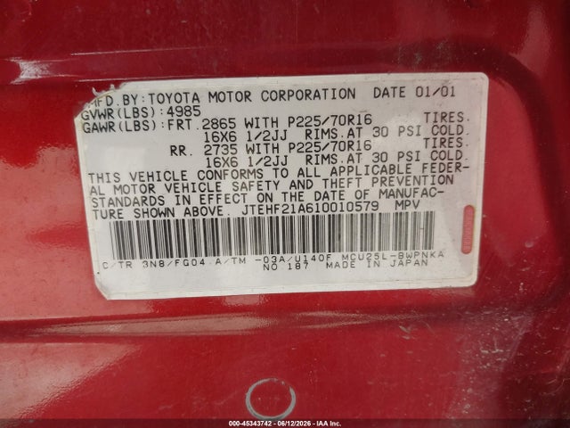 45343742 :رقم المزاد ، JTEHF21A610010579 vin ، 2001 Toyota Highlander V6 مزاد بيع
