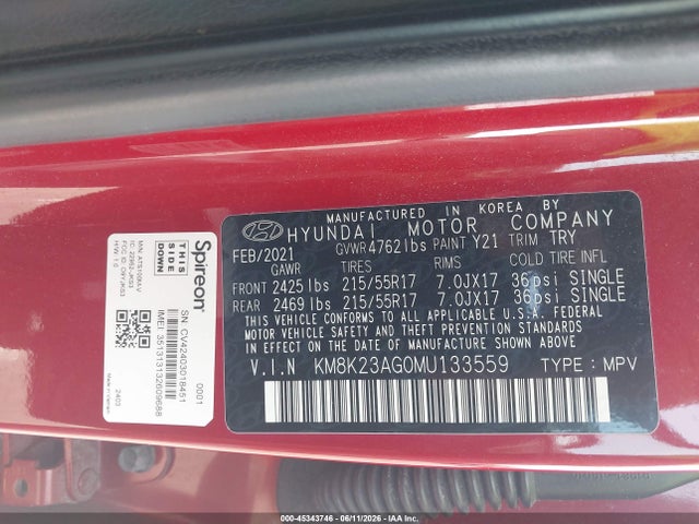 Продажа на аукционе авто 2021 Hyundai Kona Electric Sel, vin: KM8K23AG0MU133559, номер лота: 45343746
