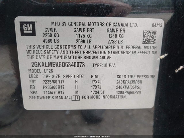 Aukcja sprzedaży 2013 Gmc Terrain Sle-1, vin: 2GKALMEK6D6340073, numer aukcji: 45343748