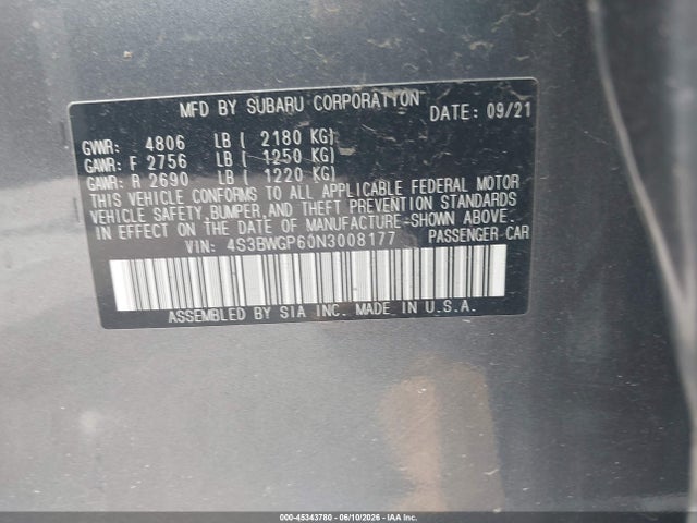 45343780 :رقم المزاد ، 4S3BWGP60N3008177 vin ، 2022 Subaru Legacy Touring Xt مزاد بيع