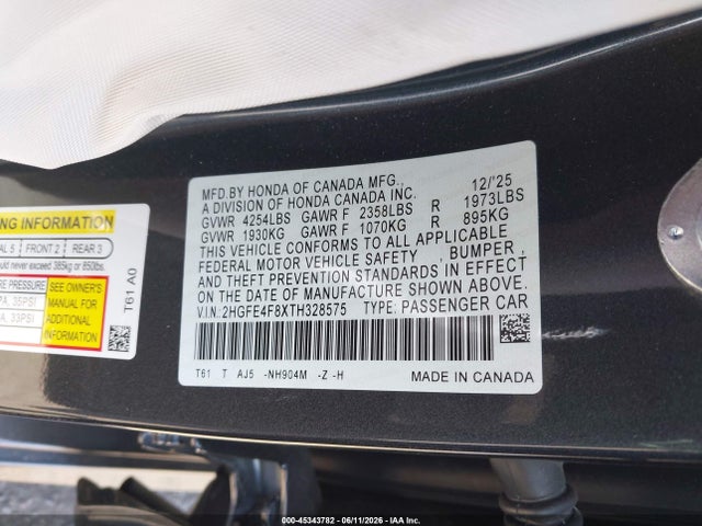 Aukcja sprzedaży 2026 Honda Civic Hybrid Sport/sport Touring, vin: 2HGFE4F8XTH328575, numer aukcji: 45343782