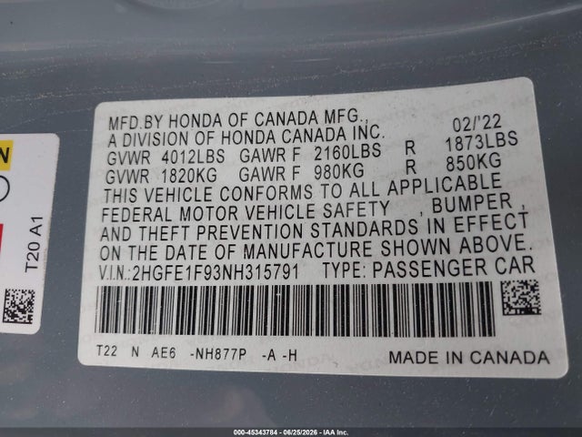 2HGFE1F93NH315791 Honda Civic Touring