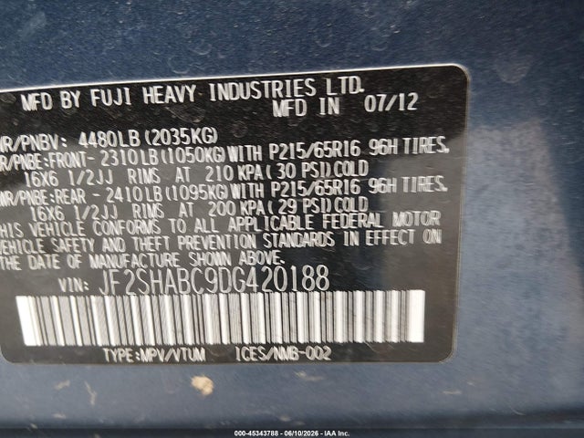 Aukcja sprzedaży 2013 Subaru Forester 2.5x, vin: JF2SHABC9DG420188, numer aukcji: 45343788