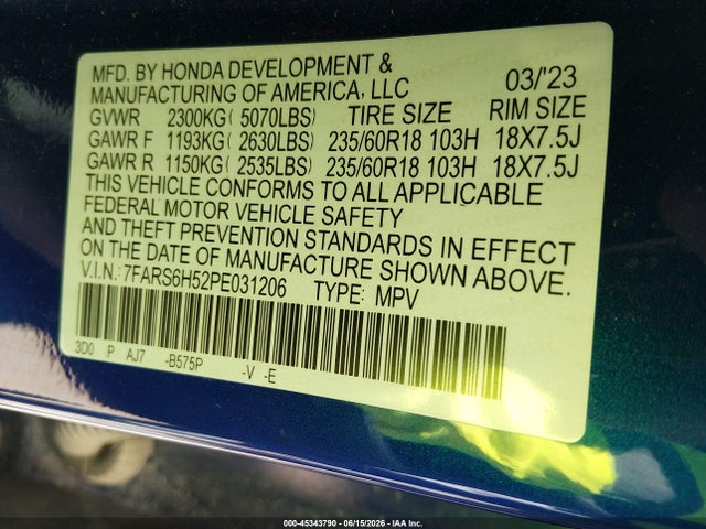 7FARS6H52PE031206 Honda Cr-v Hybrid Sport