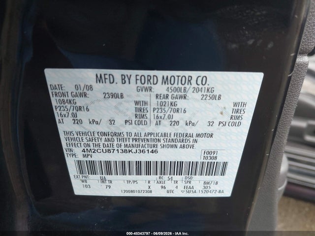 45343797 :رقم المزاد ، 4M2CU87138KJ36146 vin ، 2008 Mercury Mariner Premier مزاد بيع