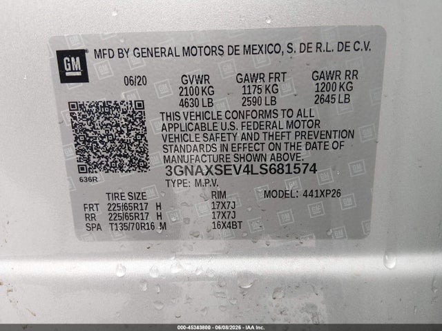 45343800 :رقم المزاد ، 3GNAXSEV4LS681574 vin ، 2020 Chevrolet Equinox Awd Ls مزاد بيع