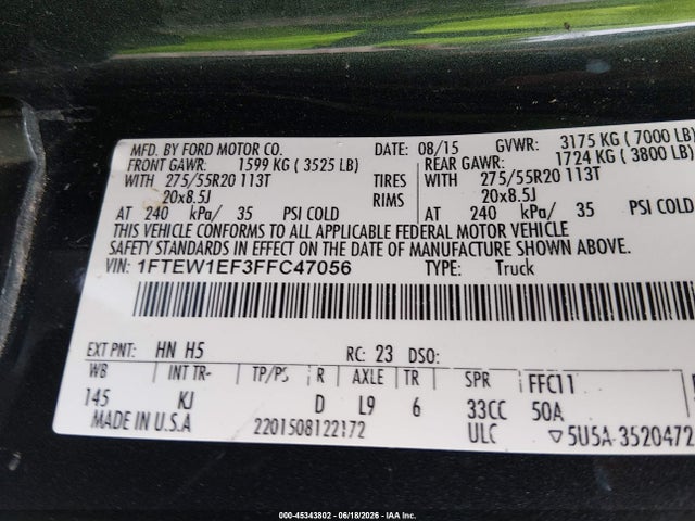 45343802 :رقم المزاد ، 1FTEW1EF3FFC47056 vin ، 2015 Ford F-150 King Ranch مزاد بيع
