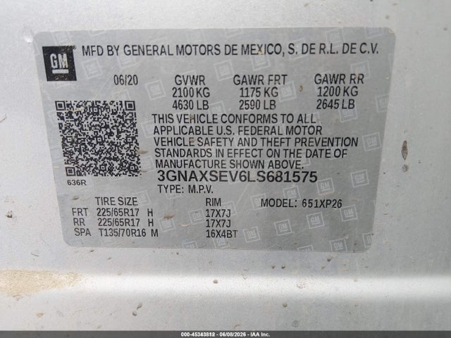 Aukcja sprzedaży 2020 Chevrolet Equinox Awd Ls, vin: 3GNAXSEV6LS681575, numer aukcji: 45343812