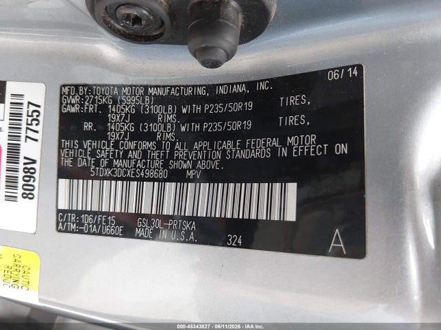 5TDXK3DCXES498680 Toyota Sienna Se 8 Passenger