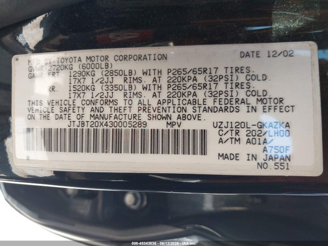 Aukcja sprzedaży 2003 Lexus Gx 470, vin: JTJBT20X430005289, numer aukcji: 45343836