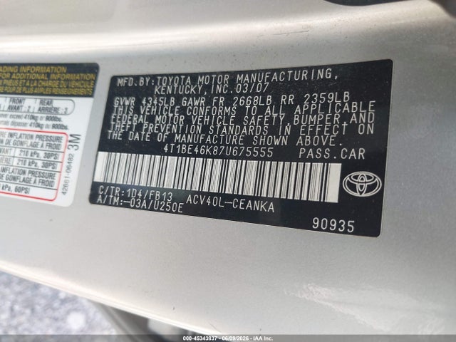 Aukcja sprzedaży 2007 Toyota Camry Le, vin: 4T1BE46K87U675555, numer aukcji: 45343837